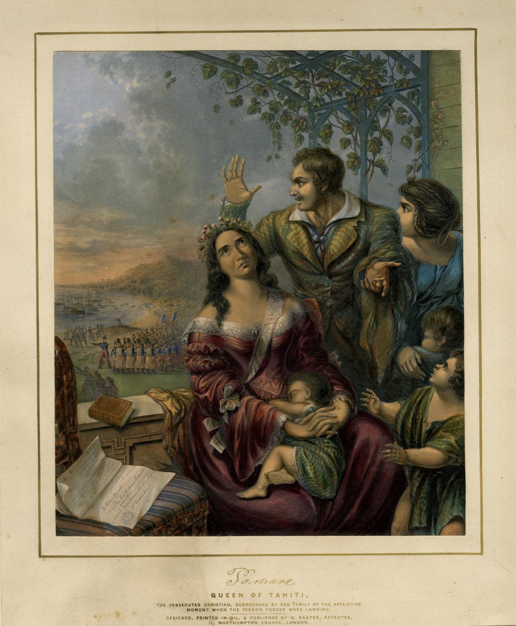 Pomare, královna Tahiti, pronásledovaná křesťanka, autor George Baxter, 1845, Britské muzeum od George Baxter