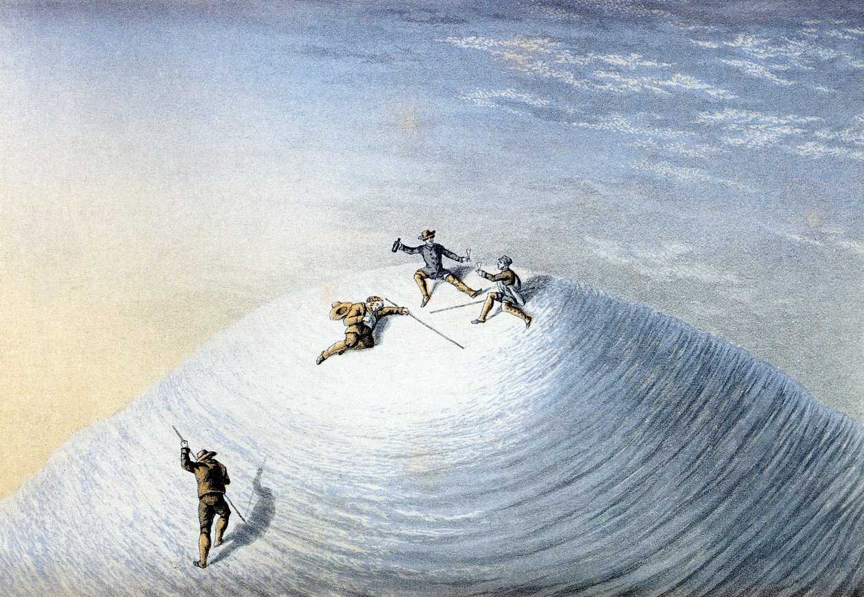 Výstup Alberta Smithe na Mount Blanc v roce 1851 (kolorovaná rytina) od George Baxter