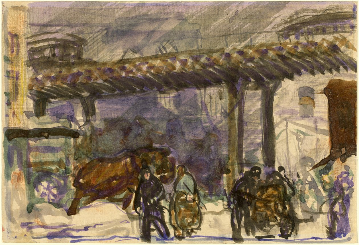 Zimní den - pod vyvýšenou železnicí poblíž Brooklynského mostu od George Bellows