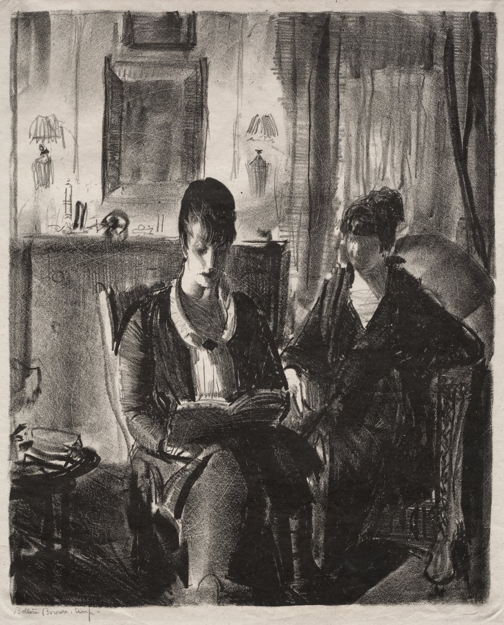 Elsie čte Emmě, první kámen od George Bellows