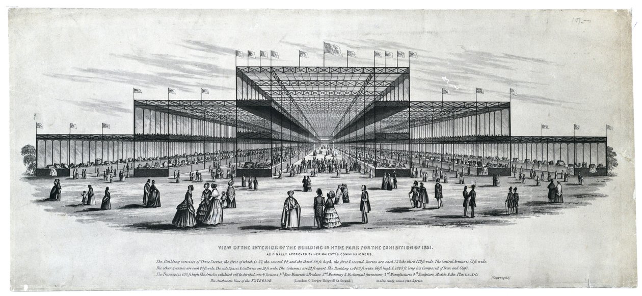 Pohled na interiér budovy v Hyde Parku pro výstavu v roce 1851. Jak bylo nakonec schváleno komisaři Jejího Veličenstva od George Berger