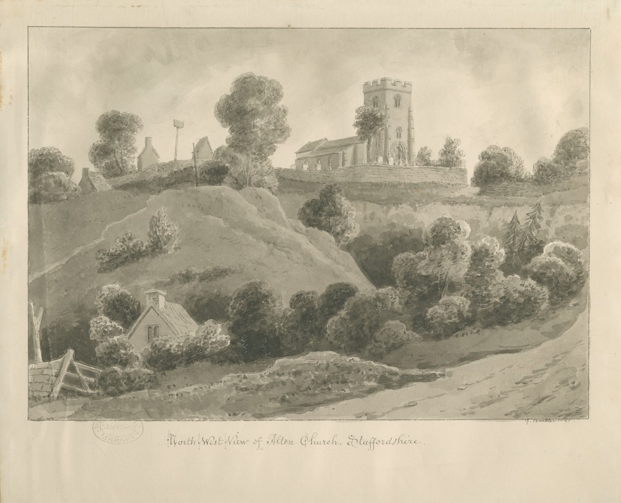 Alton Church: sépiová kresba, 1841 od George Buckler