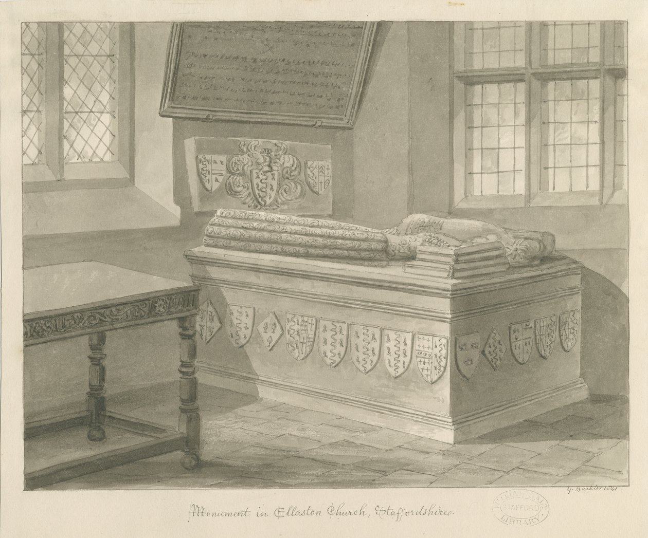 Ellastone Church - Památník sira Johna Fleetwooda: sépiová kresba, 1841 od George Buckler