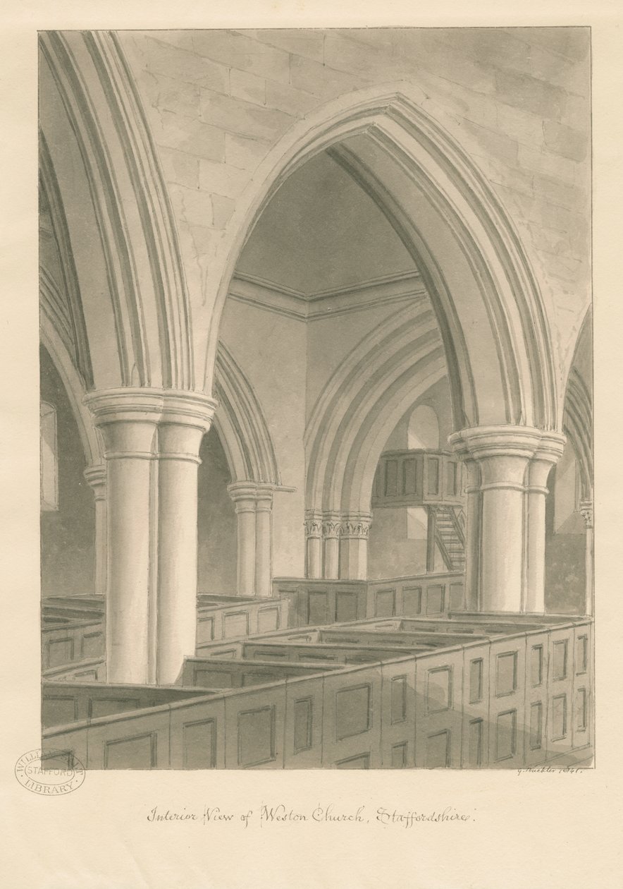 Interiér kostela Weston-on-Trent: sépiová kresba, 1841 od George Buckler