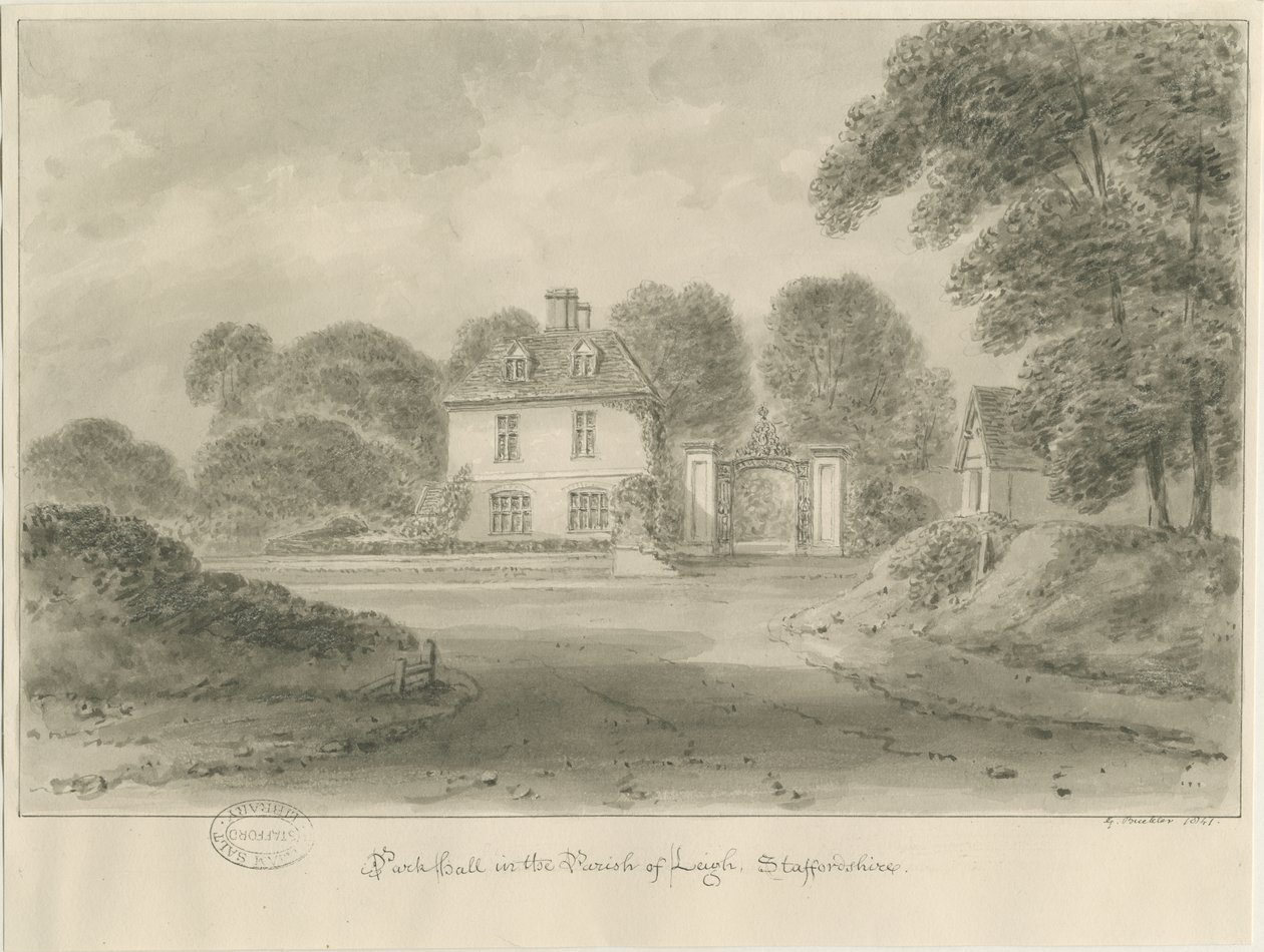 Leigh - "Park Hall": sépiová kresba, 1841 od George Buckler