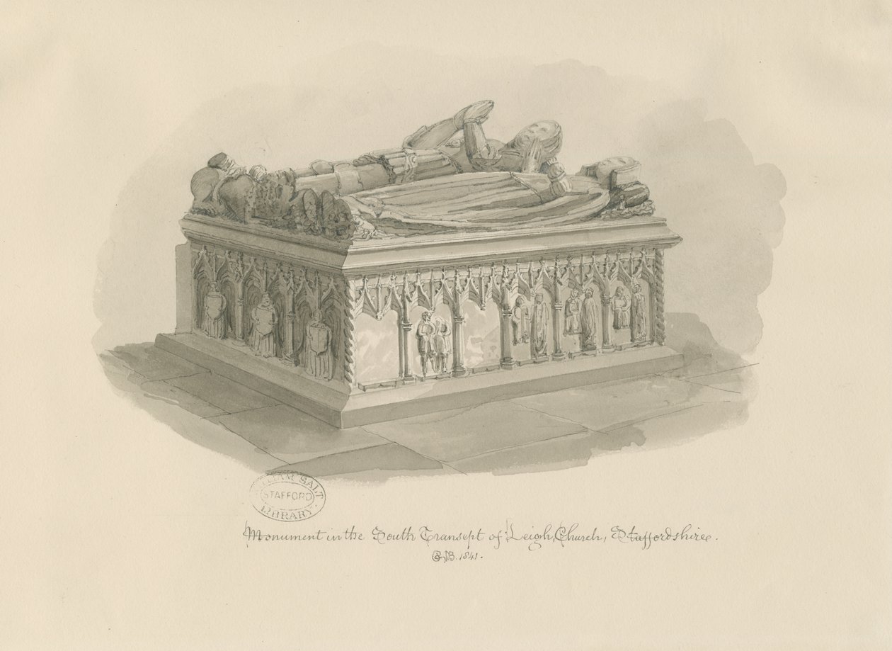 Leigh Church - Památník sira Johna Astona: sépiová kresba, 1841 od George Buckler