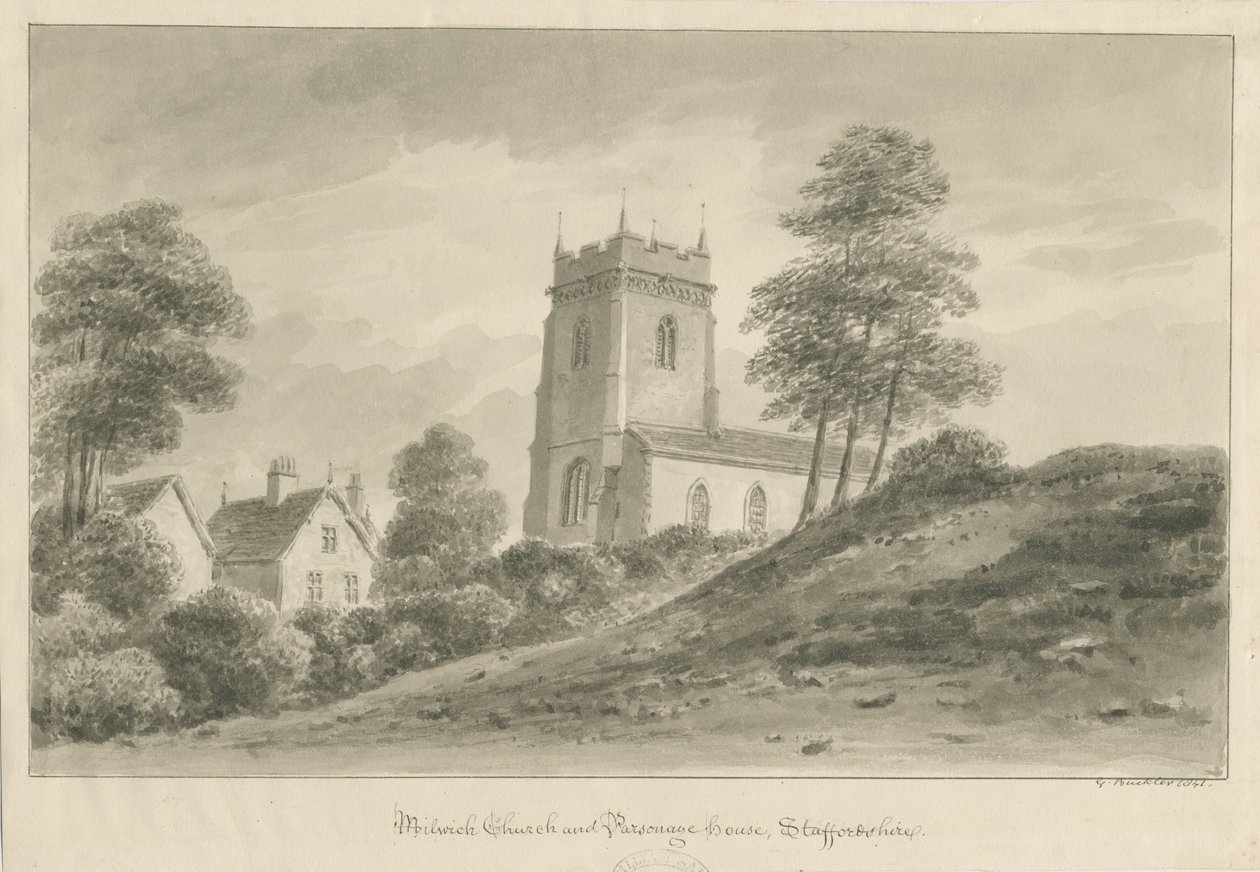 Milwich Church and Farsonage House: sépiová lavírovaná kresba od George Buckler
