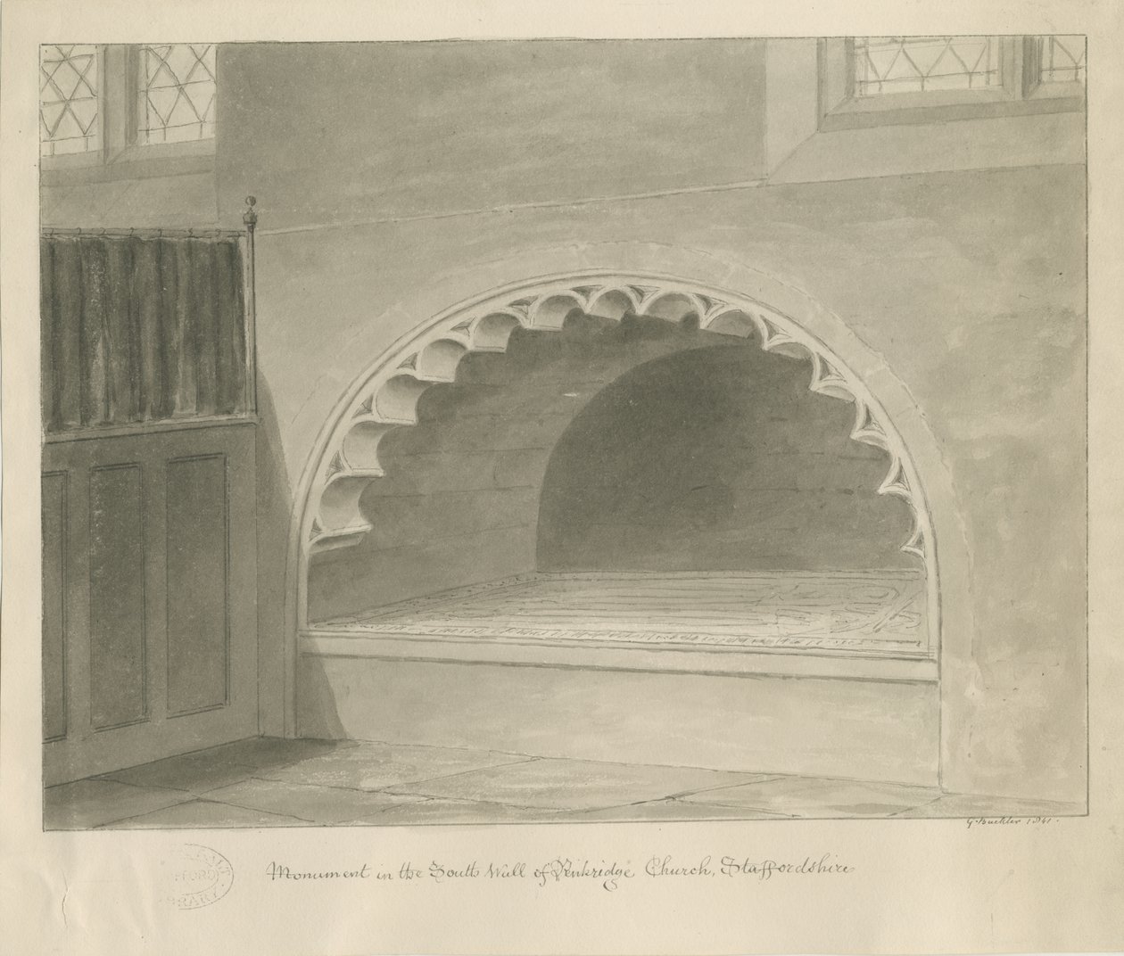 Penkridge Church - Monument in South Wall: sépiová kresba, 1841 od George Buckler