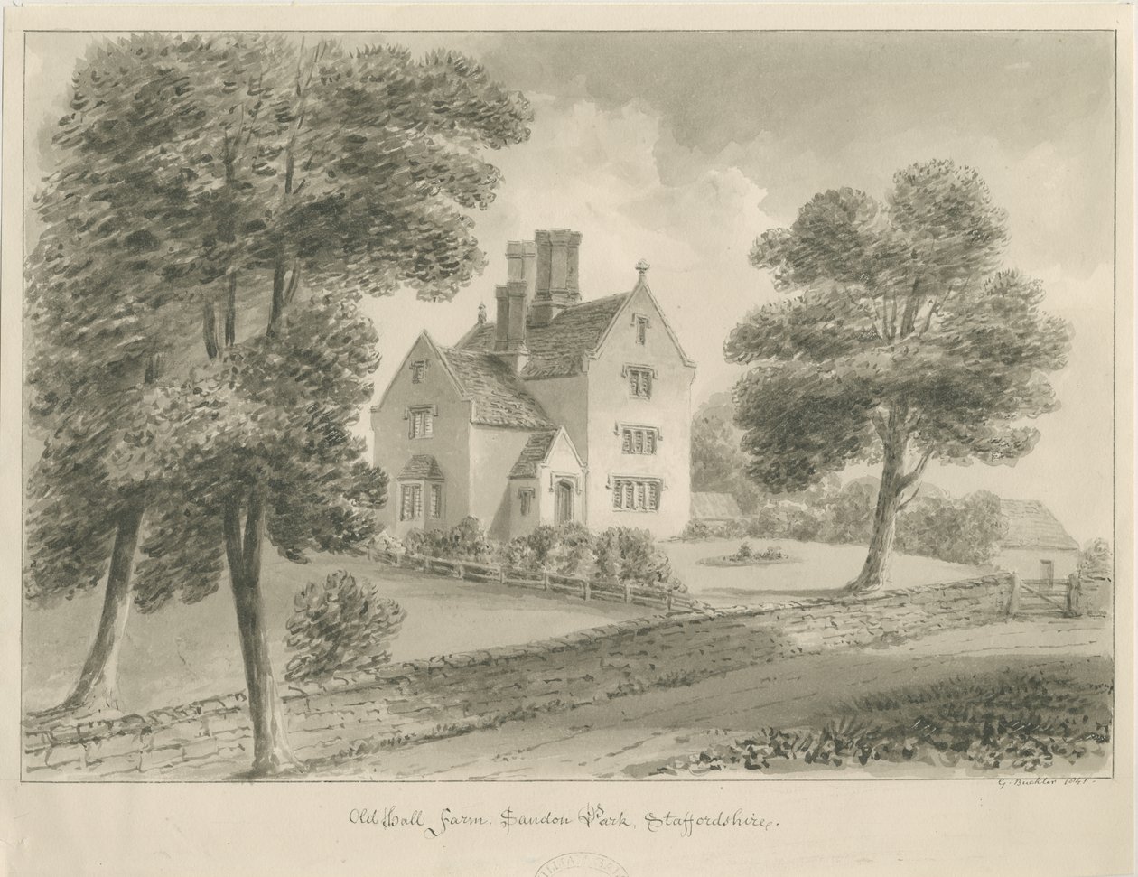 Sandon - Old Hall Farm: sépie lavírovaná kresba od George Buckler