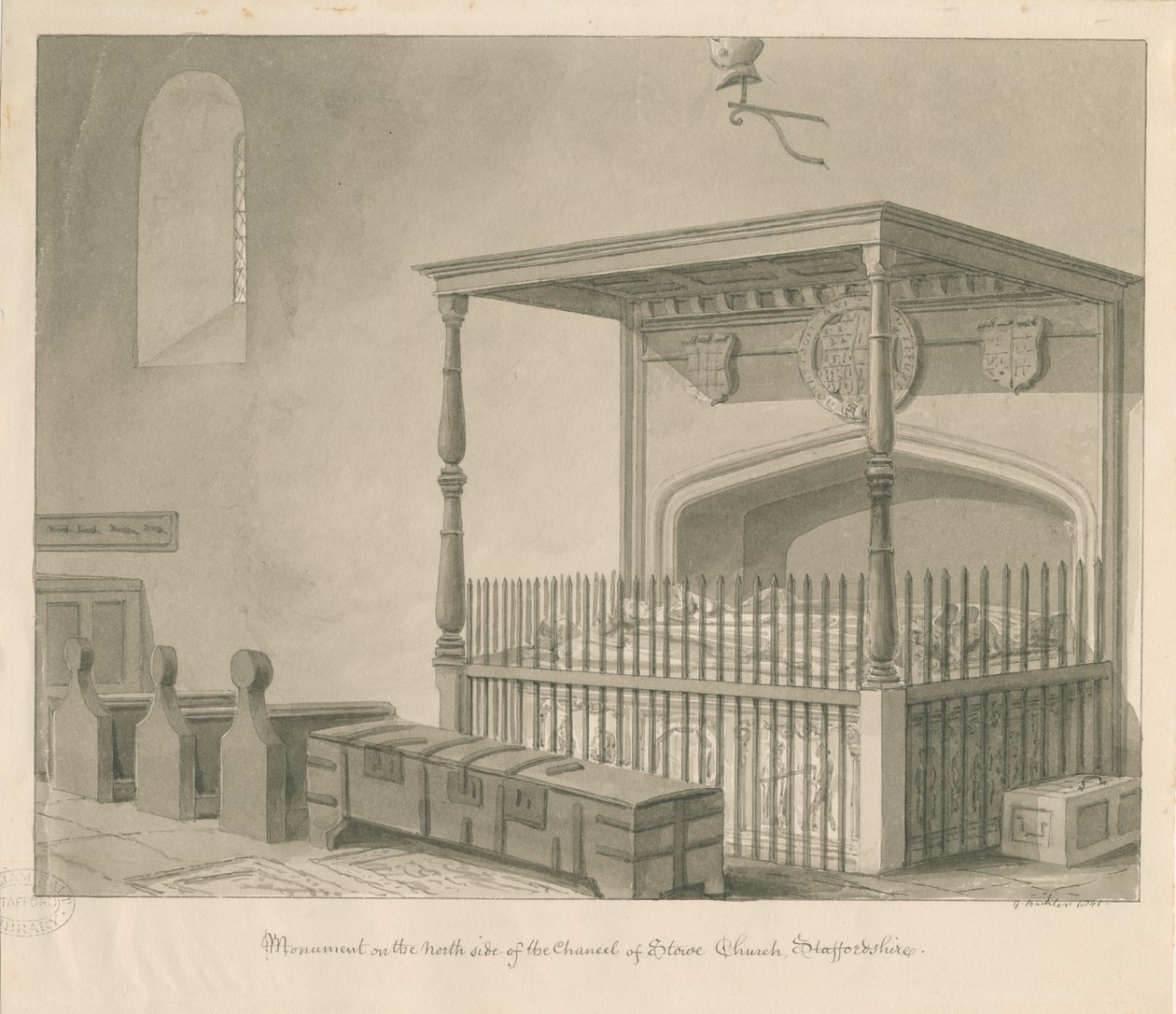 Stowe Church - Stolní hrobka: sépiová kresba, 1841 od George Buckler