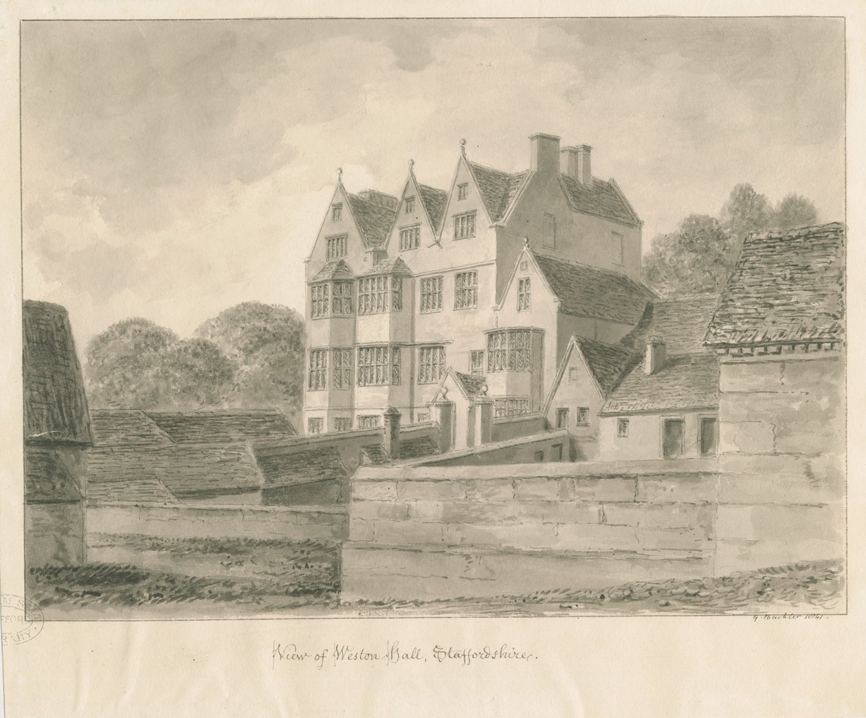 Weston-on-Trent - Hall: sépiová kresba, 1841 od George Buckler