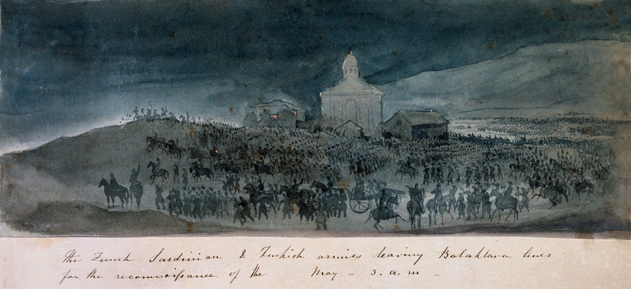 Francouzská, sardinská a turecká armáda opouštějící linie Balaklava na průzkum, circa 1854 od George Cadogan