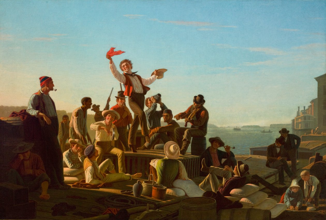 Jolly Flatboatmen v přístavu od George Caleb Bingham