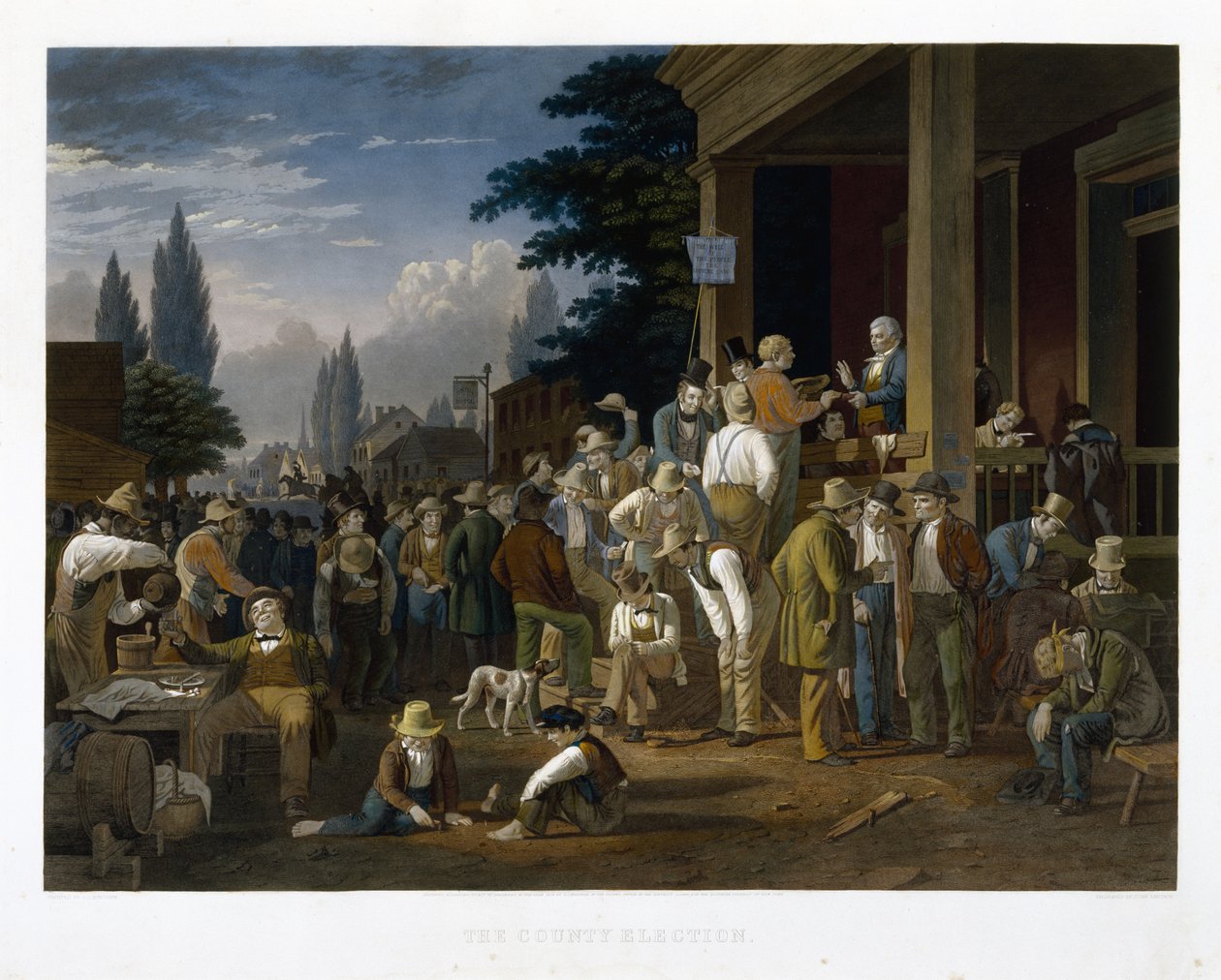 The County Election, 1854 (mezzotinta a rytina s originálním ručním kolorováním) od George Caleb Bingham