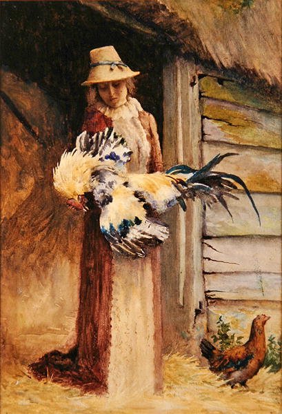 Žena držící kohouta (akvarel na papíře) od George Carline