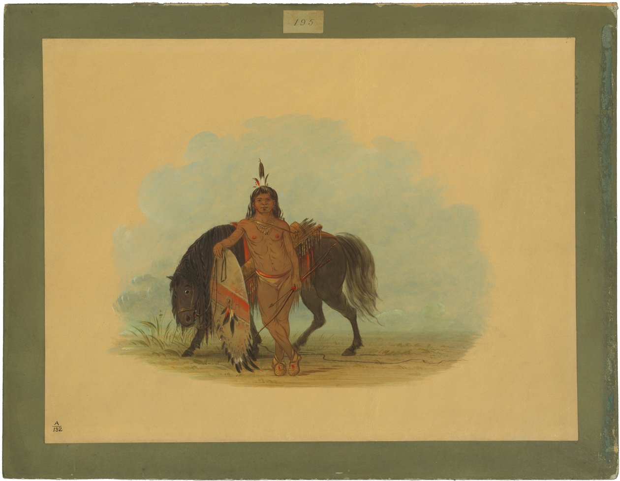 Čejenští válečník nechává odpočívat svého koně od George Catlin