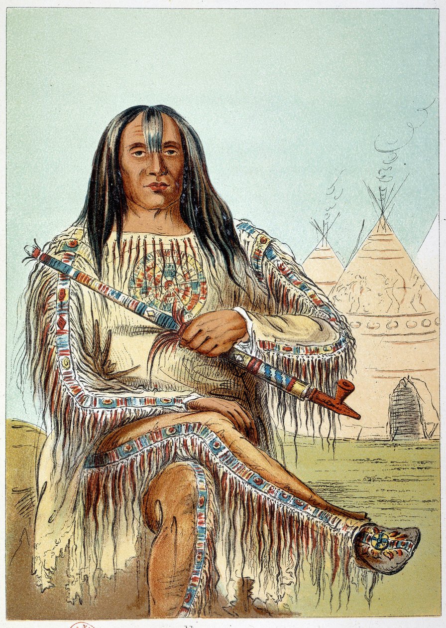 Američtí Indiáni: Portrét vůdce kmene černonožců (černé nohy) ve věku kolem 50 let. Ilustrace George Catlin (1794-1872) od George Catlin