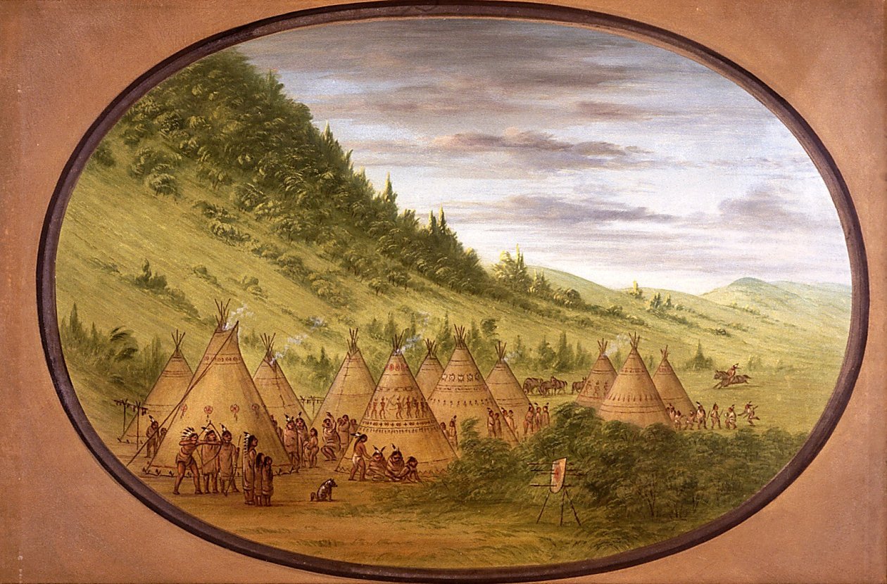 Vesnice Ojibweů ze stanů z kůží od George Catlin