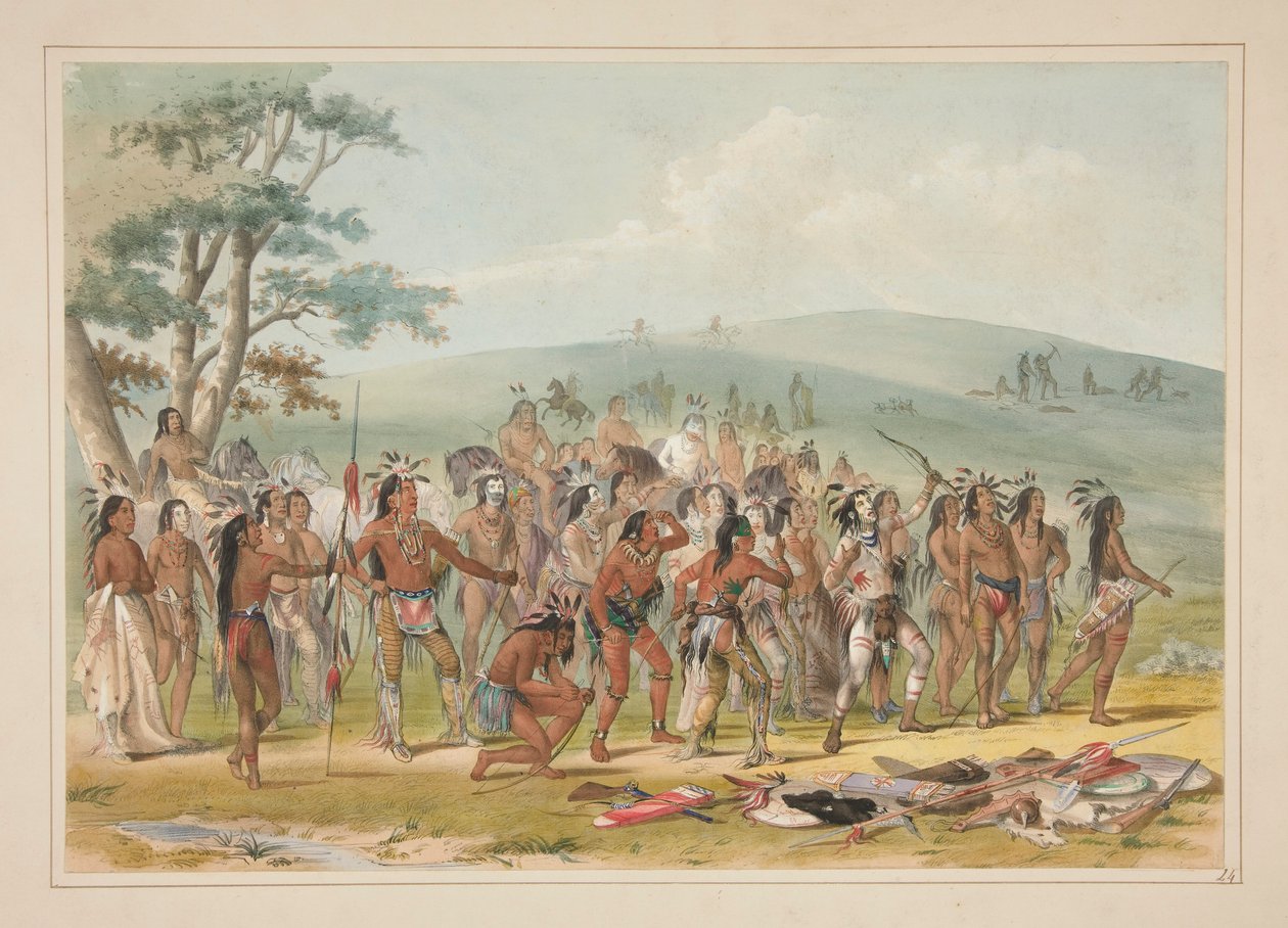 Lukostřelba Mandanů, pl. 24 z portfolia severoamerických indiánů od George Catlin