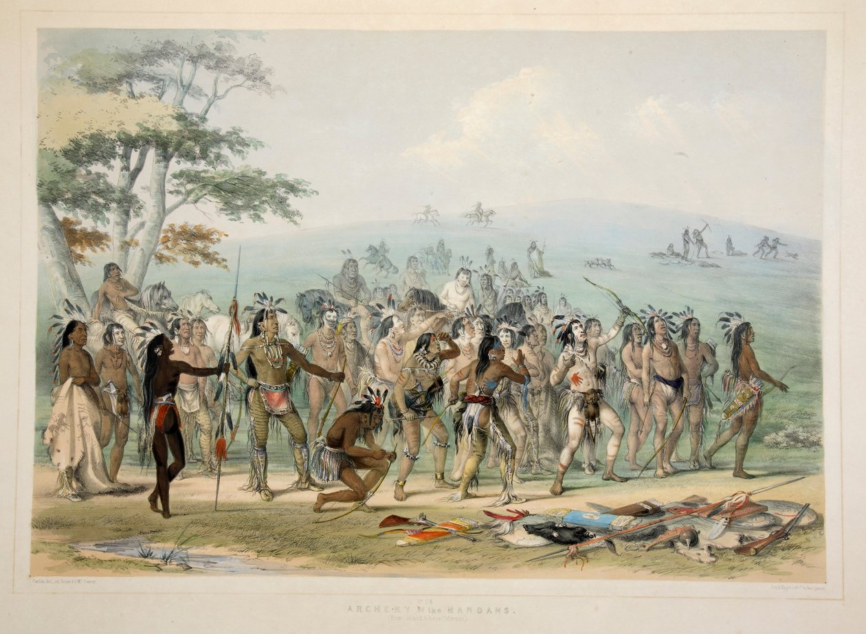 Lukostřelba Mandanů , hospoda. 1845 barevná litografie. od George Catlin