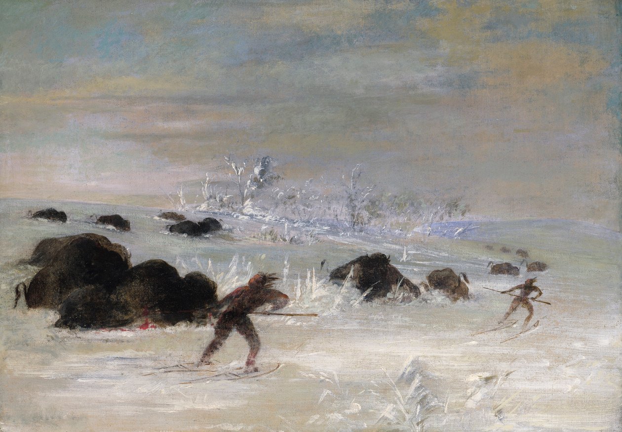 Indiáni kmene Assiniboine pronásledující bizony na sněžnicích od George Catlin