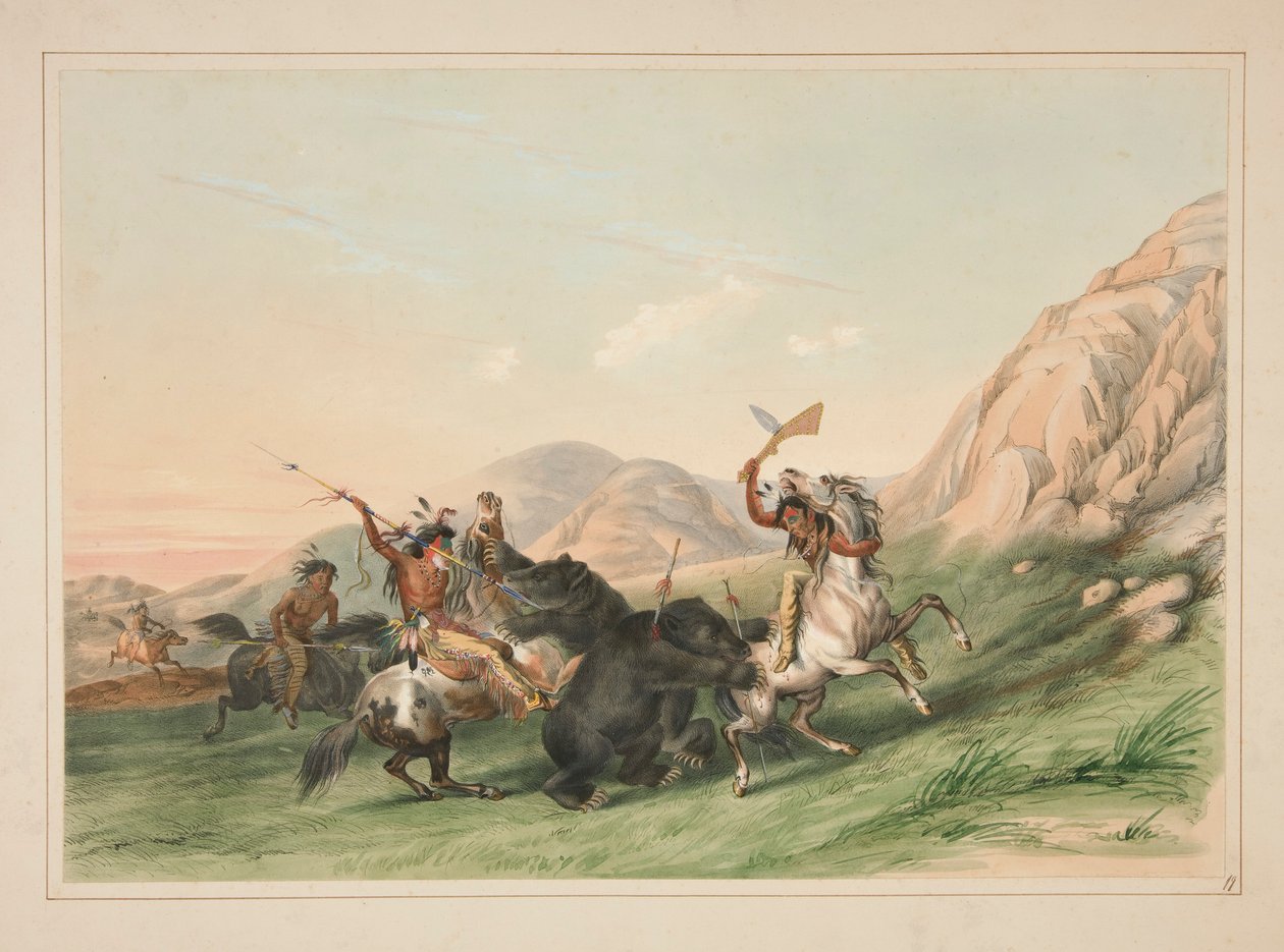 Attacking the Grizzly Bear, pl. 19 z portfolia severoamerických indiánů od George Catlin