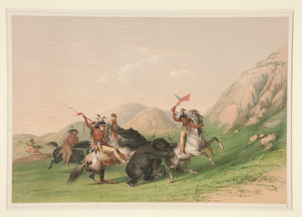 Attacking the Grizzly Bear, pl. 19 z portfolia severoamerických indiánů od George Catlin