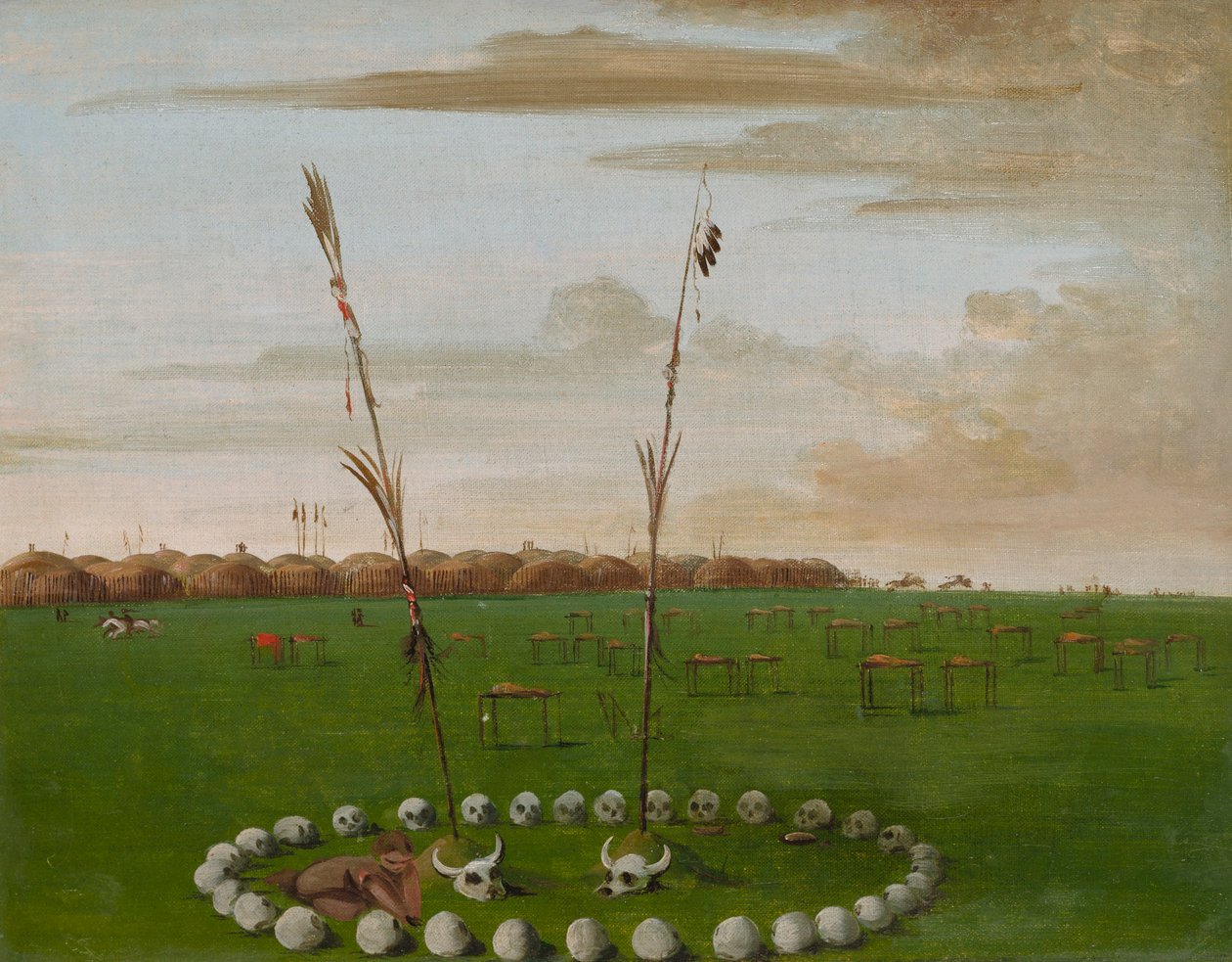 Zadní pohled na vesnici Mandan, hřbitov od George Catlin