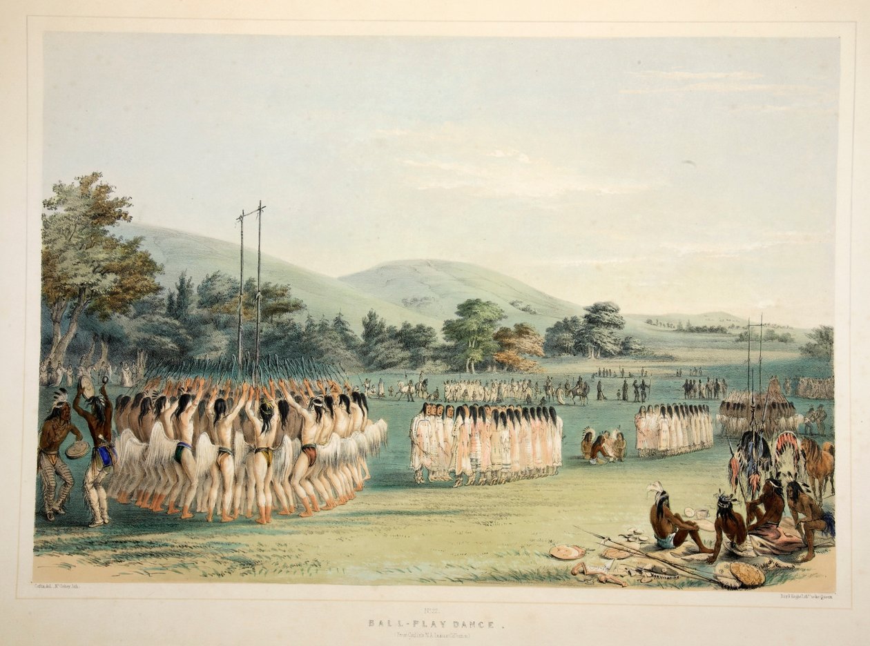 Ball-Player Dance, hospoda. 1845 barevná litografie. od George Catlin