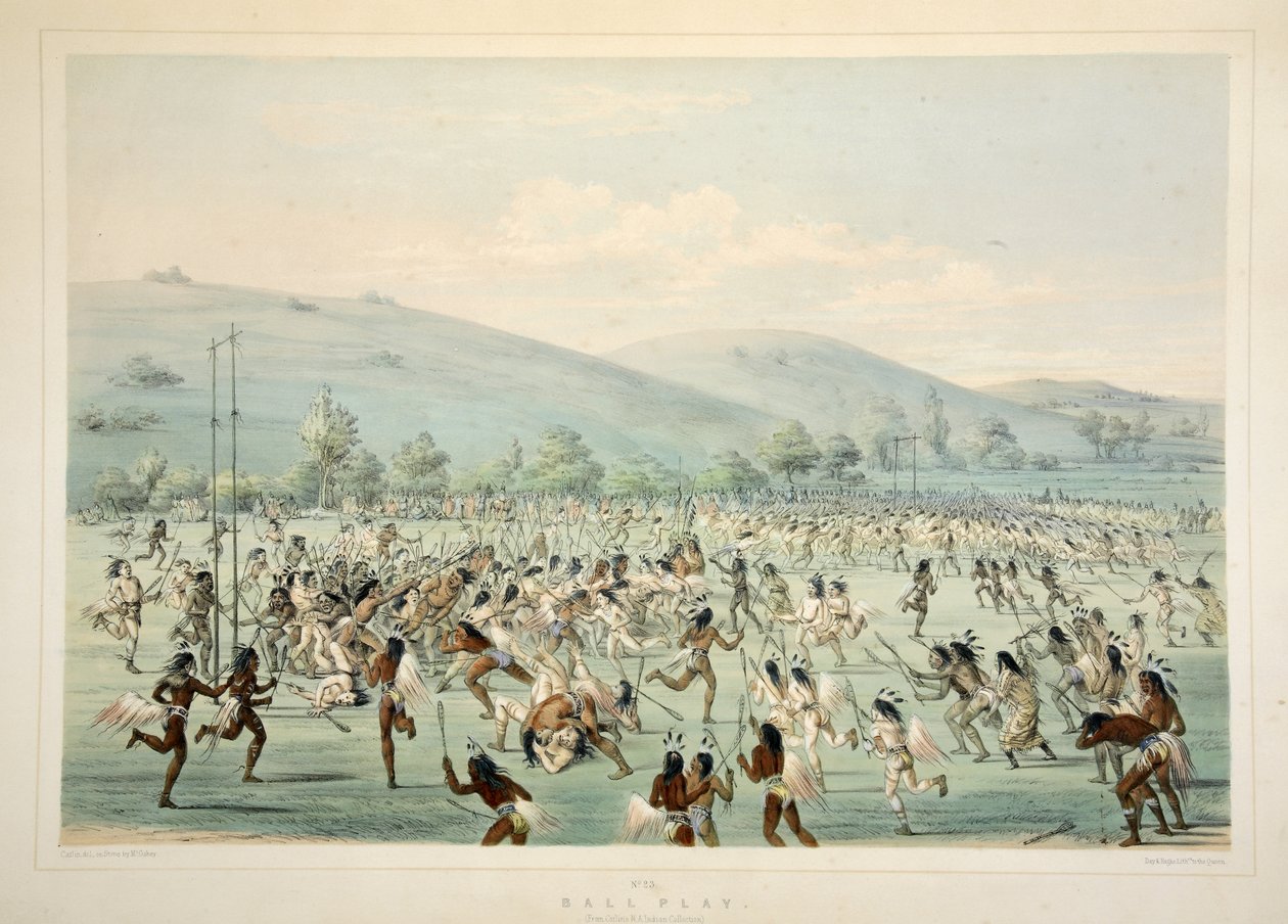 Ball Play, od Catlins North American Indian Portfolio. Lovecké scény a atrakce Skalistých hor a prérií Ameriky, hospoda. 1845 od George Catlin