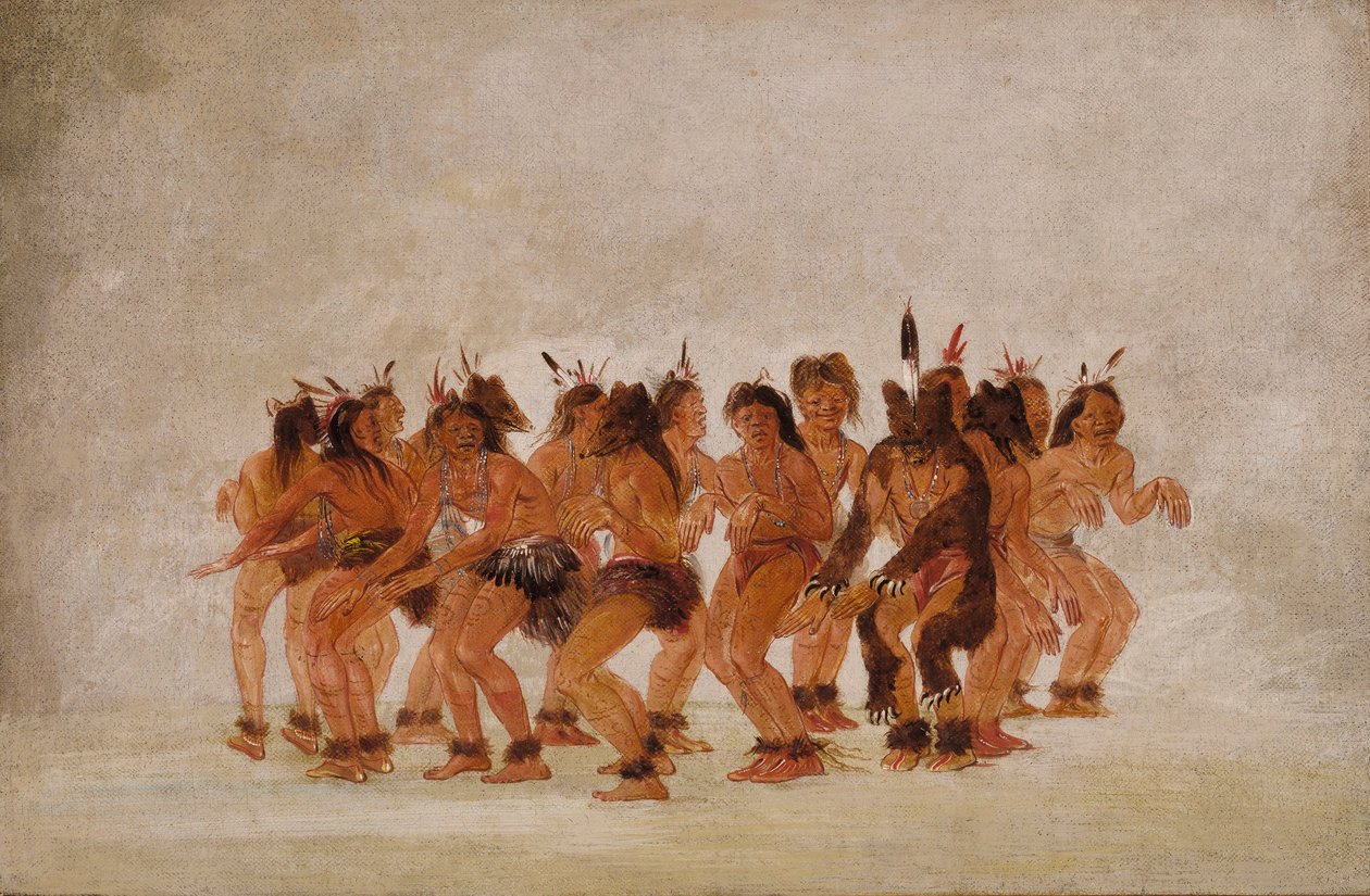 Medvědí tanec, příprava na lov medvěda od George Catlin