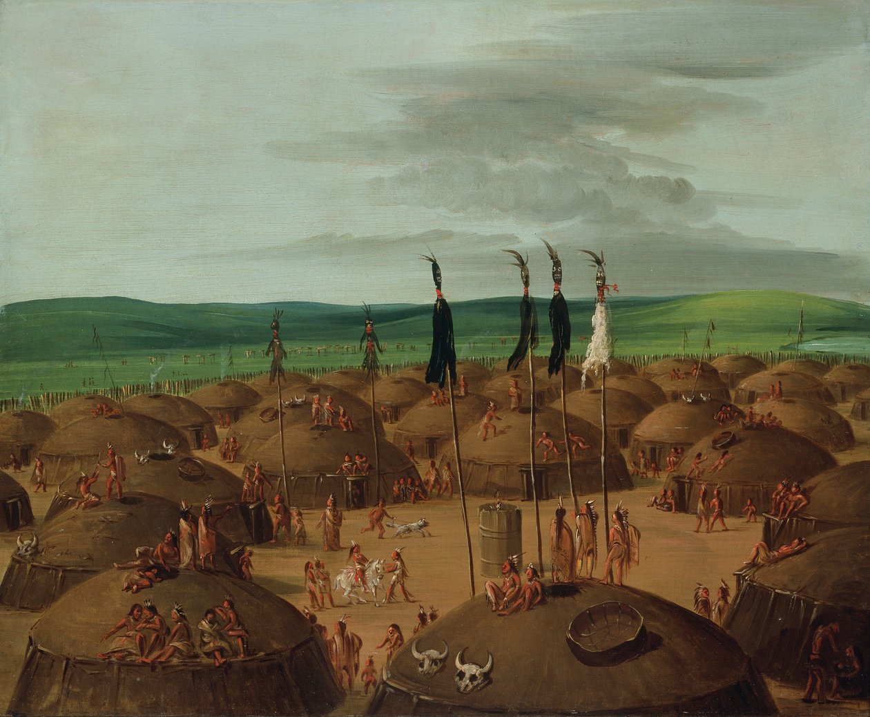 Pohled z ptačí perspektivy na vesnici Mandan, 1800 mil nad St. Louis od George Catlin