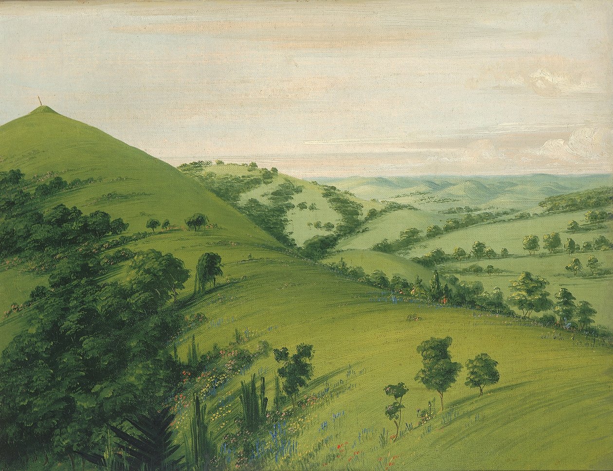 Kosí hrob, pohled zezadu, prérie pokryté květinami od George Catlin