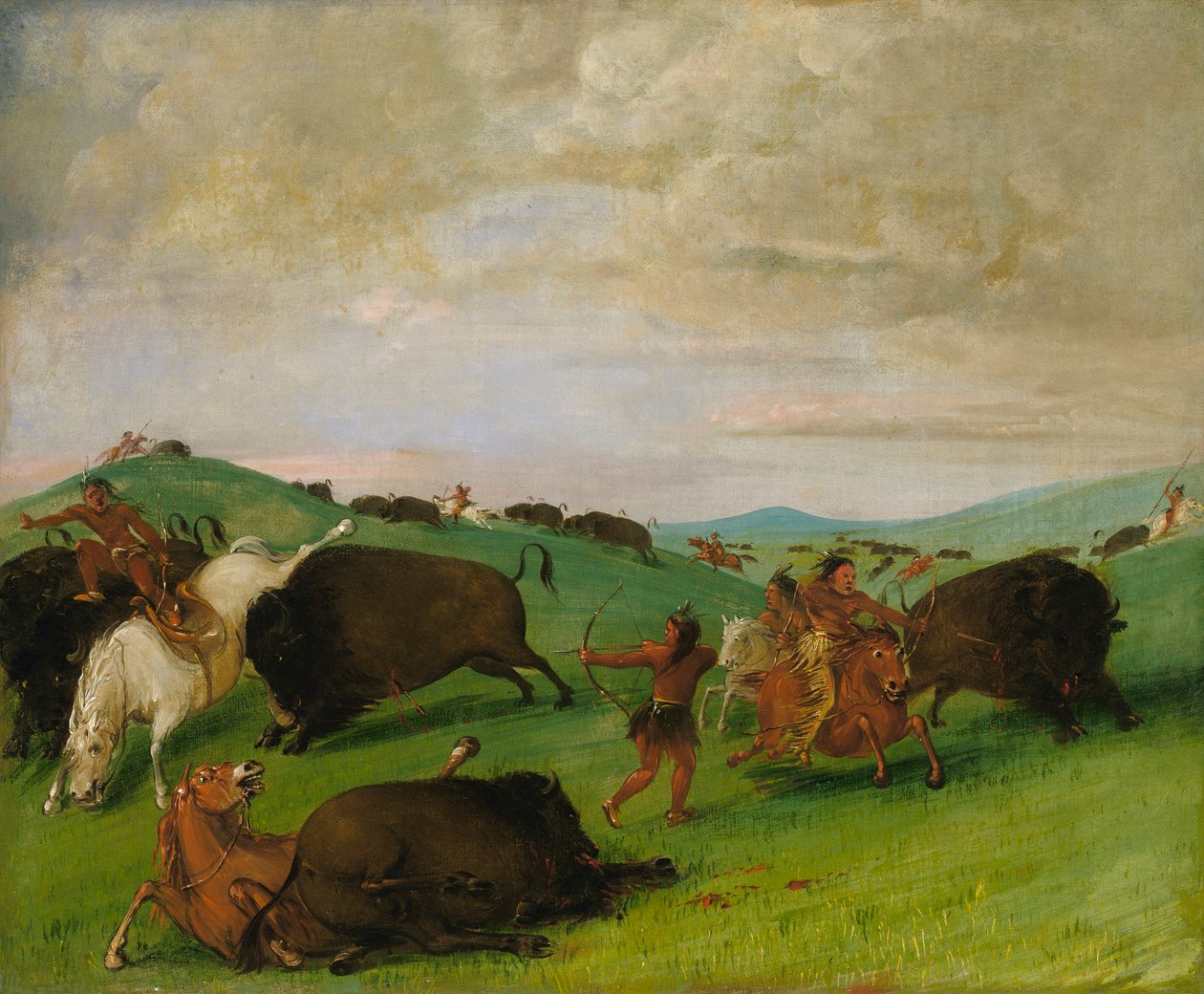 Buffalo Chase, bitva býků s lidmi a koňmi od George Catlin