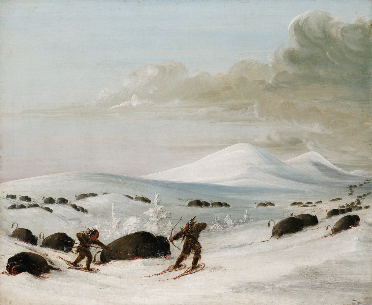 Buffalo Chase v závějích, Indiáni pronásledují na sněžnicích, 1832-1833. od George Catlin
