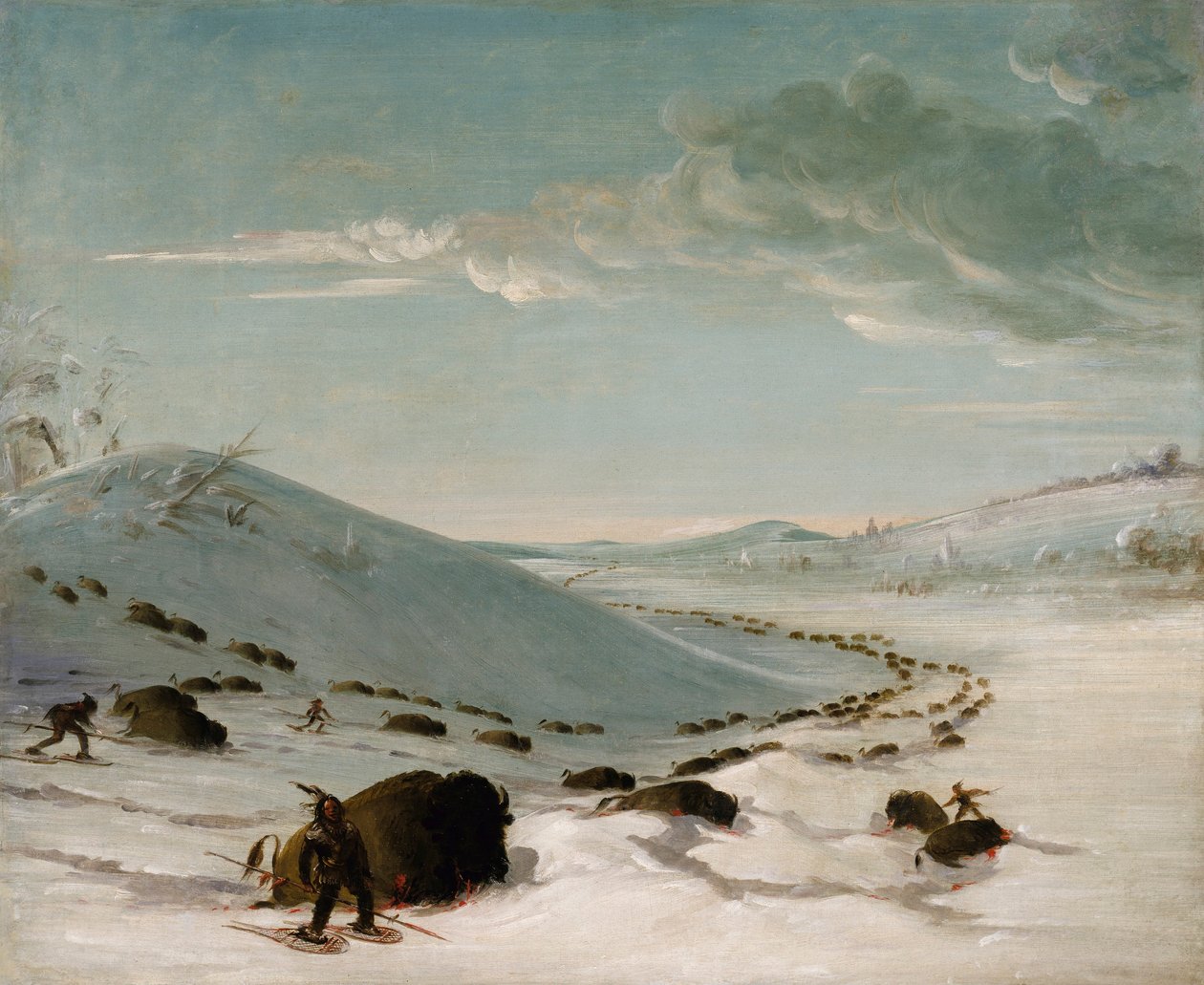 Honba za bizony v zimě, Indiáni na sněžnicích od George Catlin