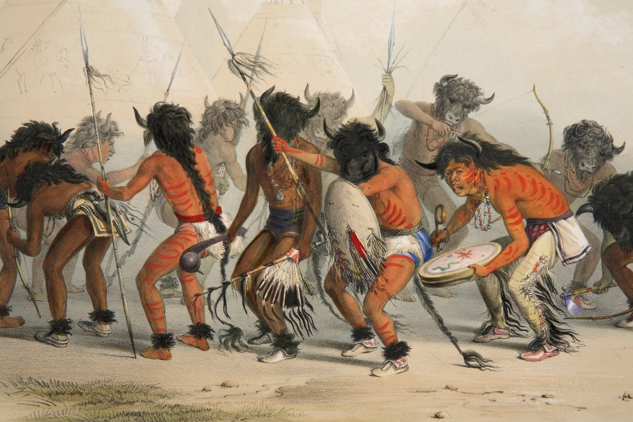 Detail Buffalo Dance, hospoda. 1845 barevná litografie. od George Catlin