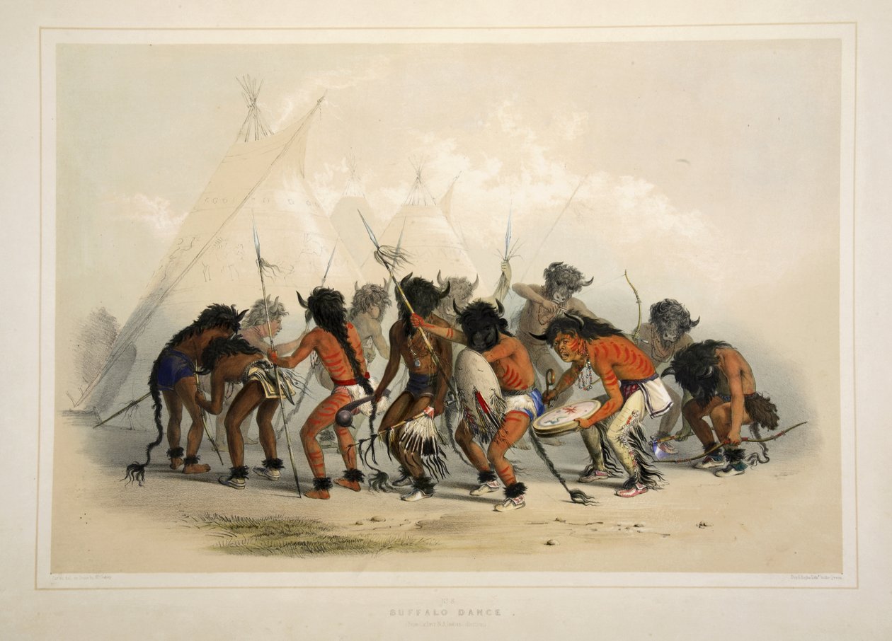 Buffalo Dance, od Catlins North American Indian Portfolio. Lovecké scény a atrakce Skalistých hor a prérií Ameriky, hospoda. 1845 od George Catlin