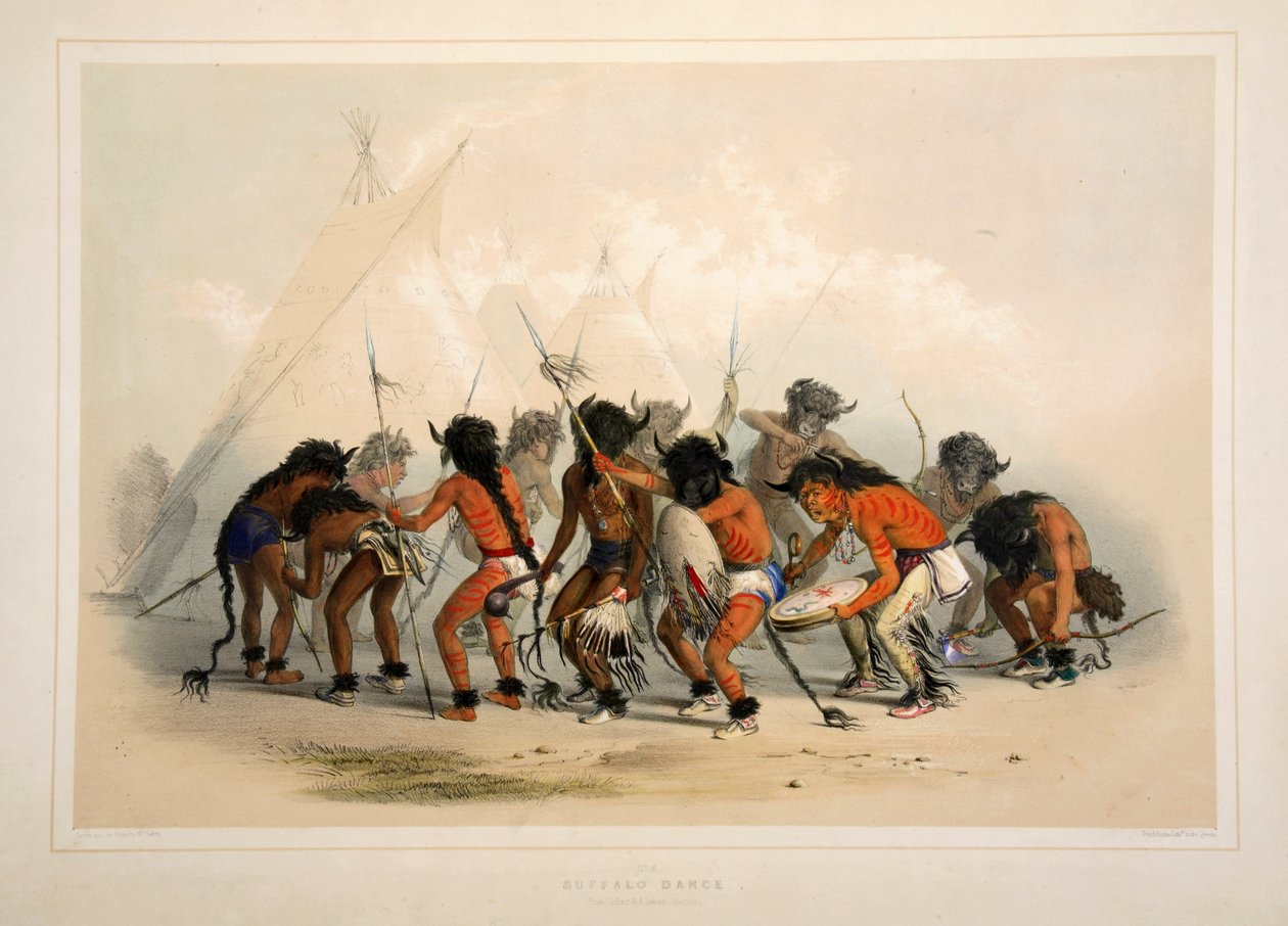 Buffalo Dance, hospoda. 1845 barevná litografie. od George Catlin