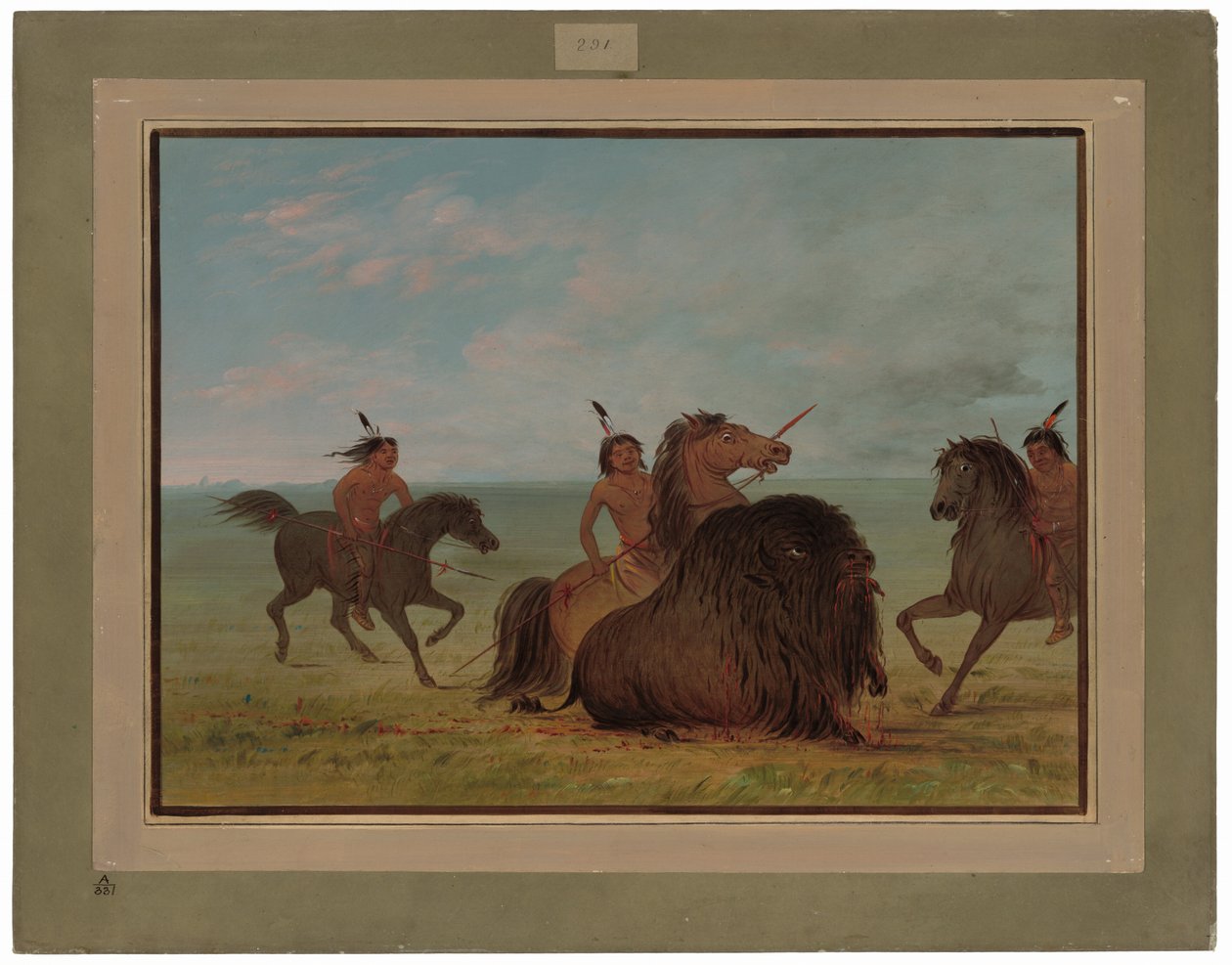 Camanchees Lancing a Buffalo Bull od George Catlin
