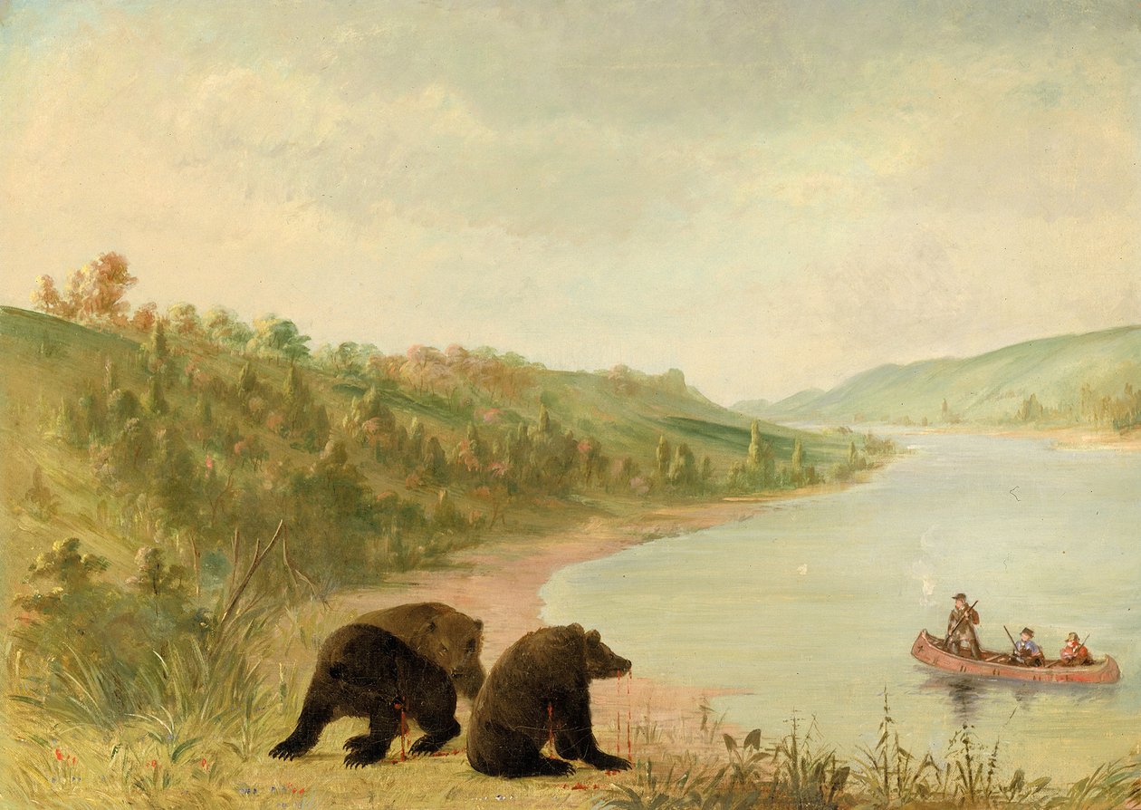 Catlin a jeho muži na jejich kánoi, naléhavě požádáni, aby přišli na břeh, Upper Missouri, 1846-1848. od George Catlin