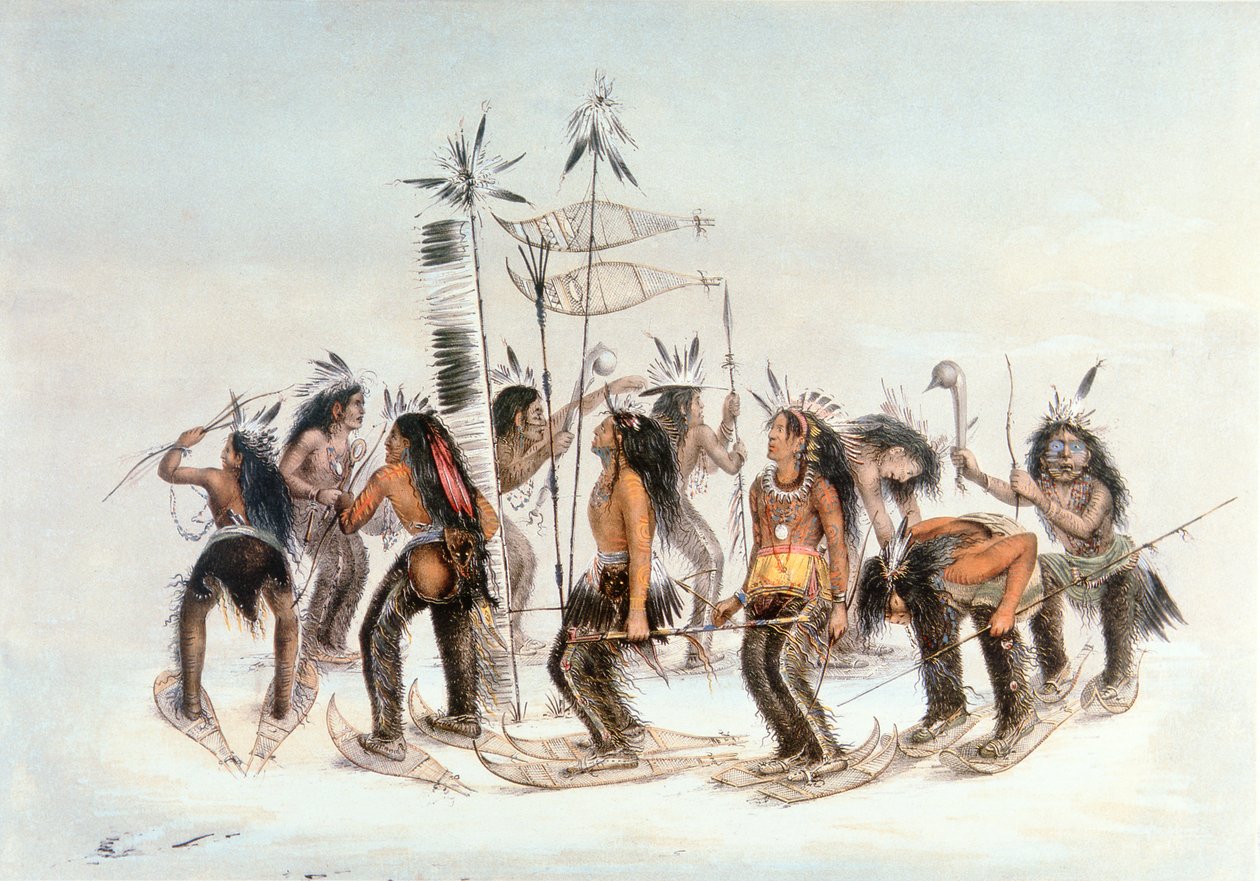 Chippewa Snowshoe Dance, cca 1835 (akvarel na papíře) od George Catlin