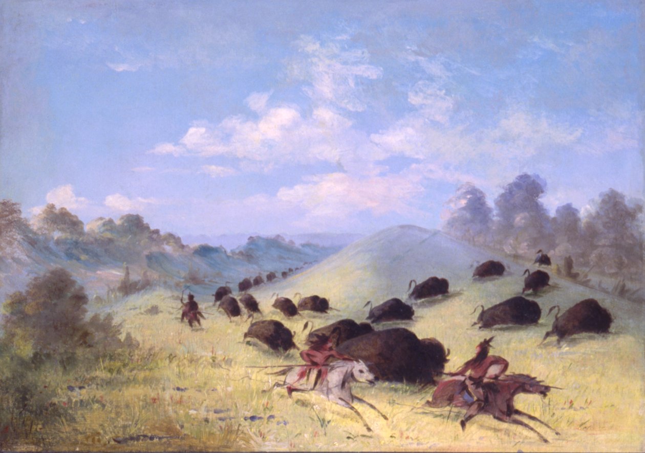 Indiáni Komančů pronásledující bizony s oštěpy a luky od George Catlin