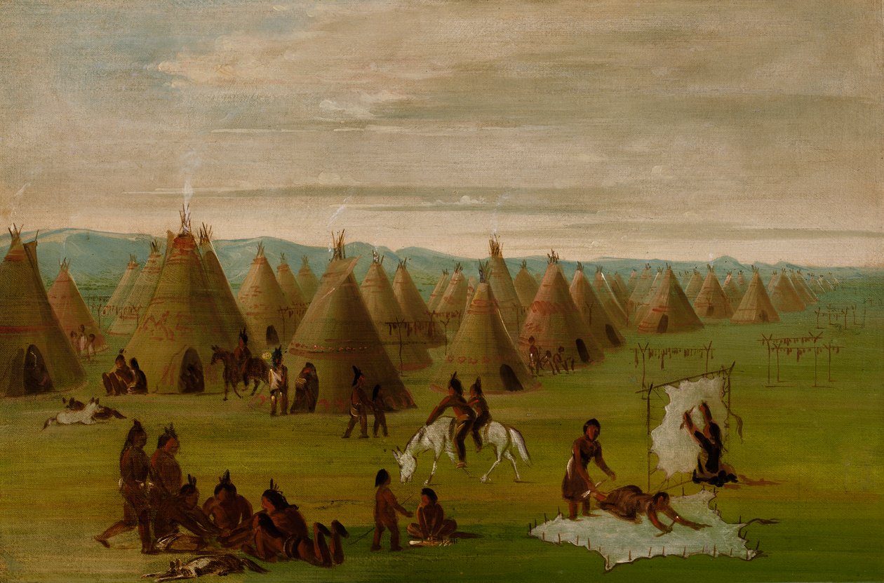 Vesnice komančů, ženy oblékající róby a sušení masa, 1834-1835. od George Catlin