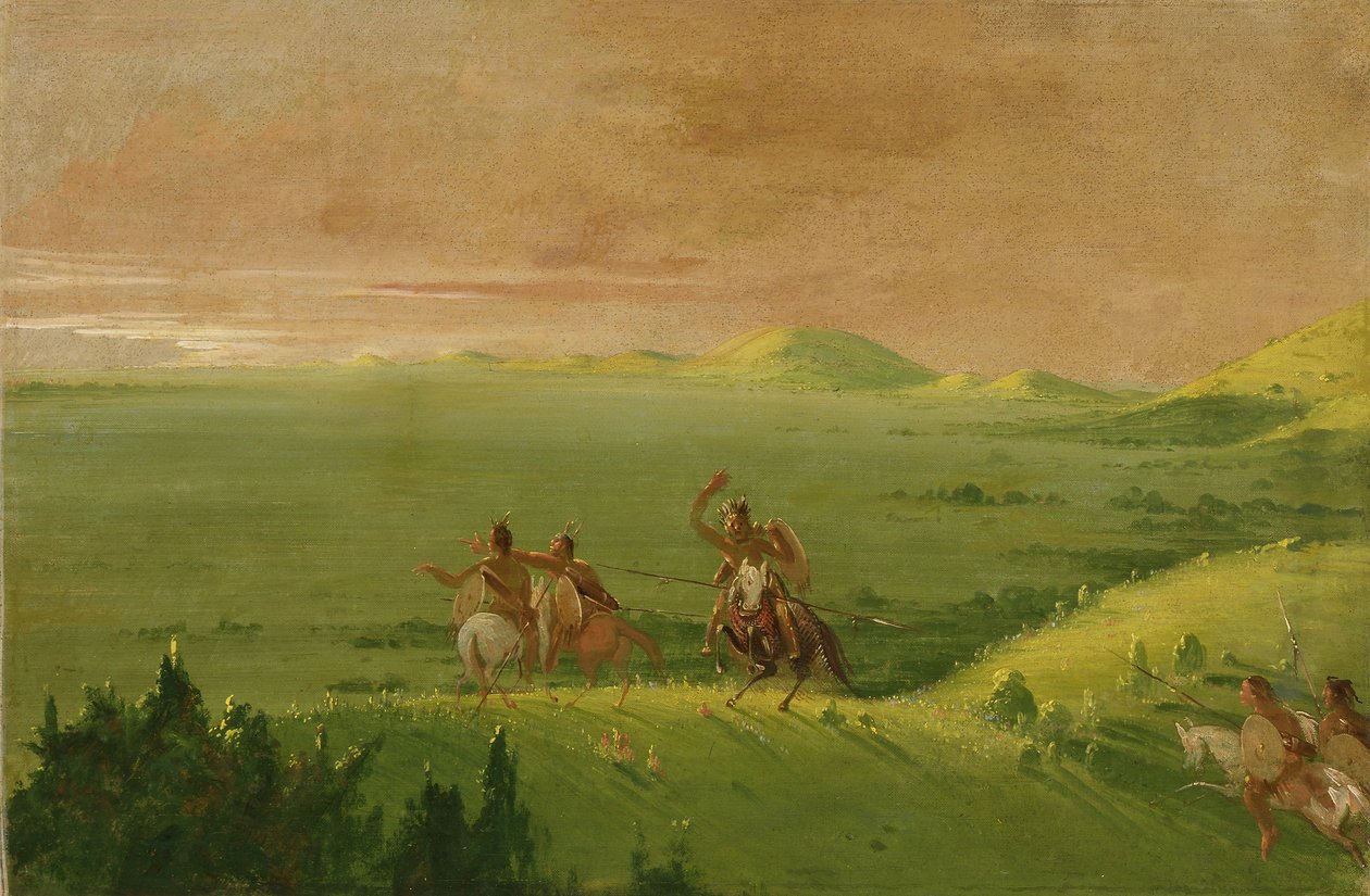Válečná výprava Komančů, náčelník objevuje nepřítele a pobízí své muže při východu slunce od George Catlin