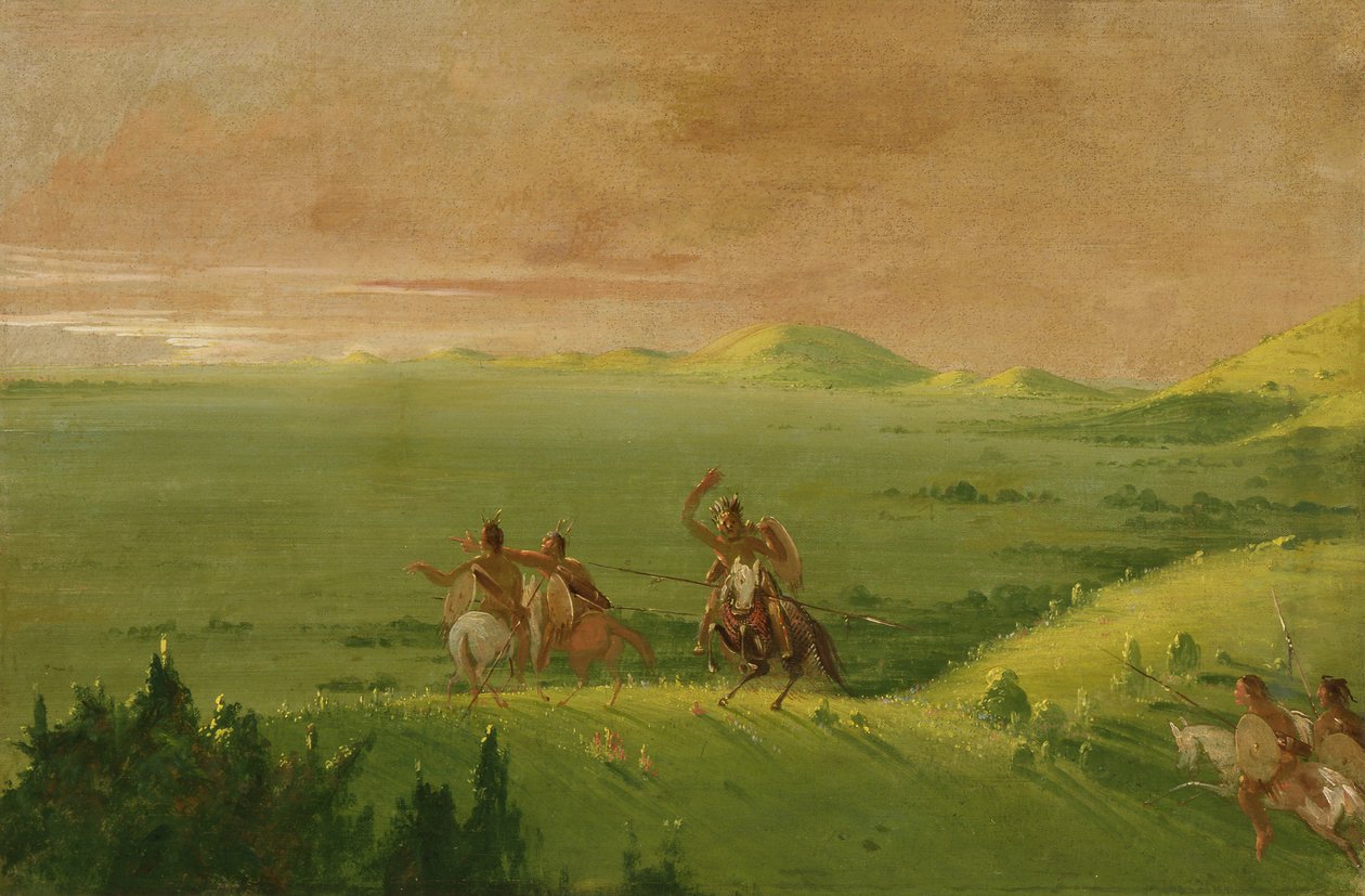 Komančská válečná strana, náčelník objevování nepřítele a naléhání na své muže při východu slunce, 1834-1835. od George Catlin