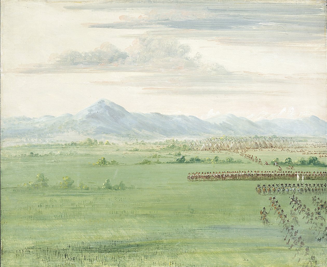 Komančští bojovníci s bílou vlajkou přijímají dragouny od George Catlin