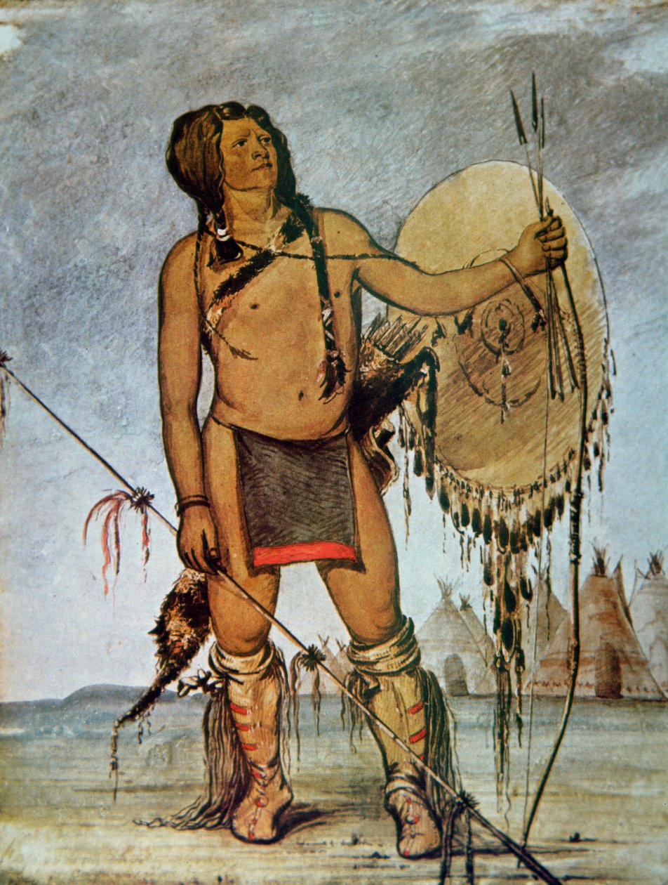 Komančský válečník se štítem, kopím, lukem a šípy, kolem 1835 (barva litho) od George Catlin