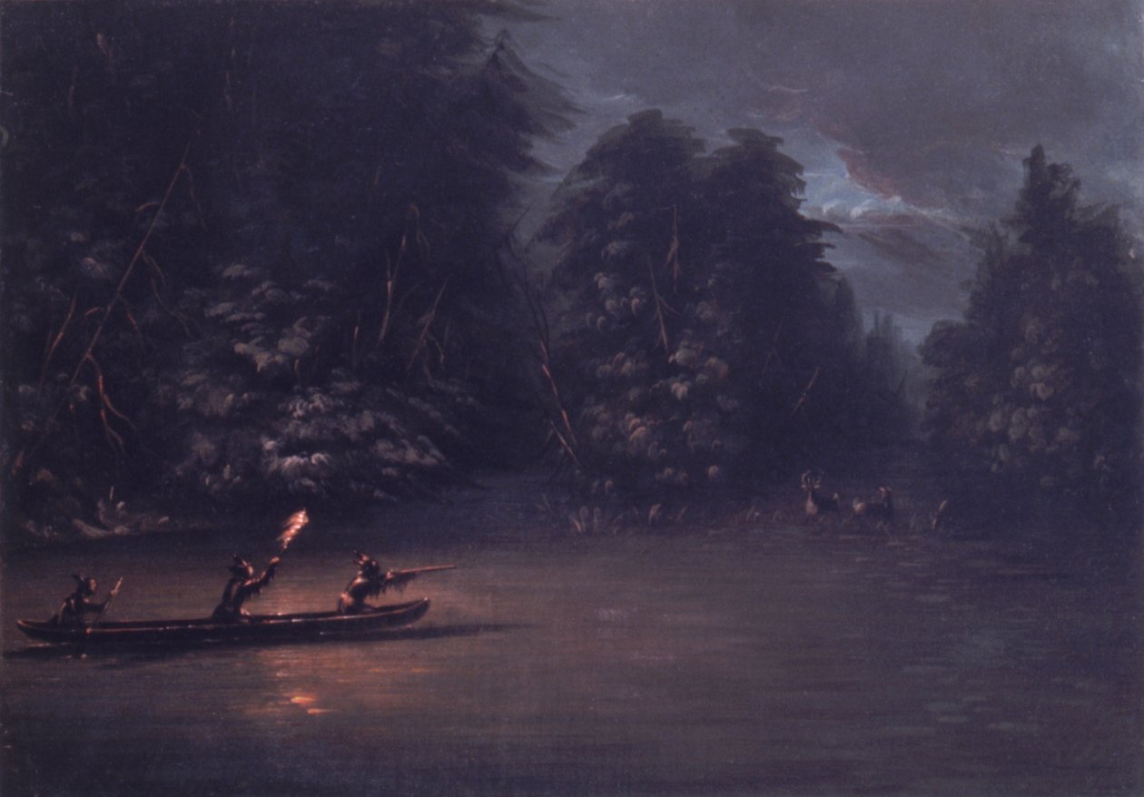 Lov jelenů za svitu pochodní na kánoích z kůry od George Catlin