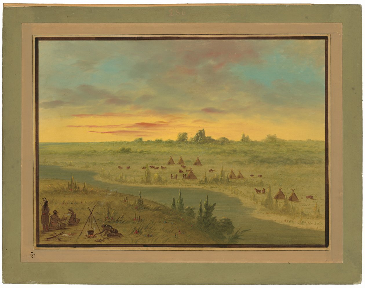 Tábořiště indiánů Pawnee při západu slunce od George Catlin